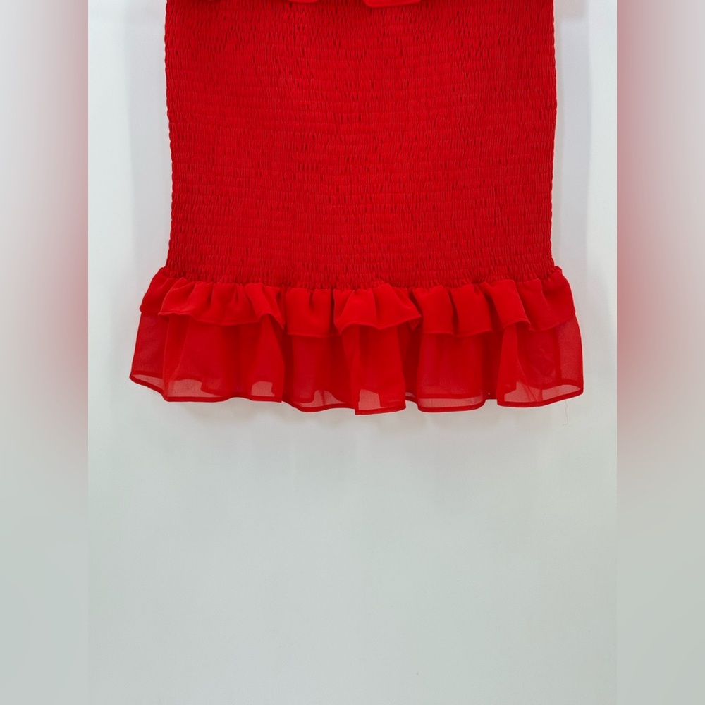 Bebe Stunning Red Smocked Midi Dress with Ruffle Tiers Bodycon Party Dress SZ M - Picture 4 of 13